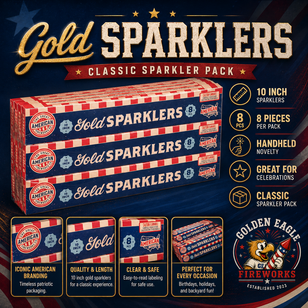 10 inch Gold Sparklers infographic featuring 12 packs of 8 sparklers, classic sparkler pack design, handheld novelty use, celebration-ready packaging, and party sparkler details from Golden Eagle Fireworks.