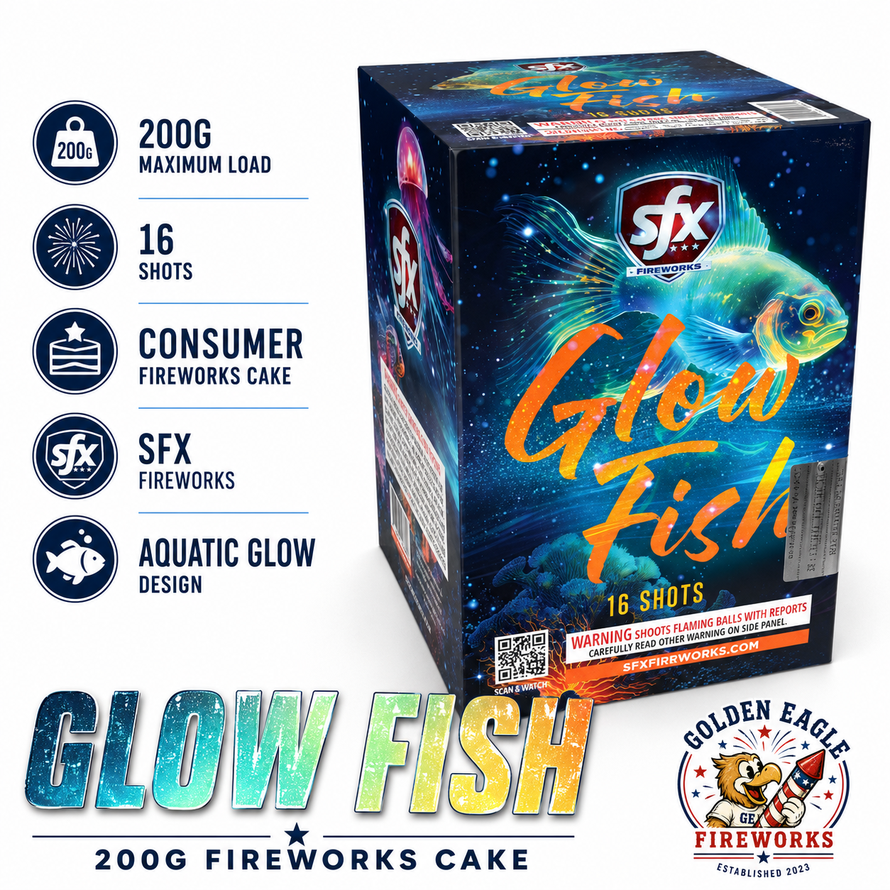 Golden Eagle Fireworks SFX Glow Fish 200g maximum load fireworks cake angled view — 16 shots, aquatic glow bioluminescent fish design, consumer fireworks cake SFX Fireworks, Houston TX