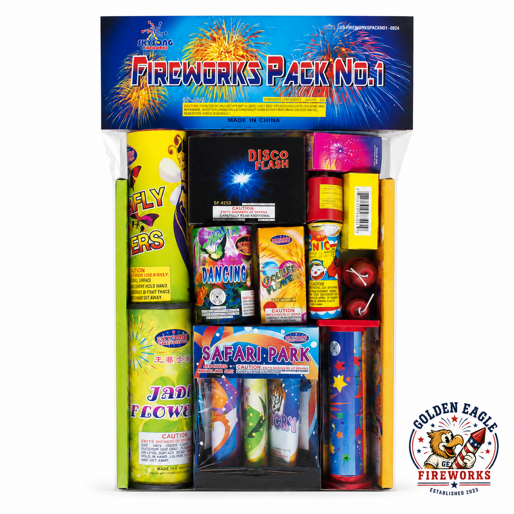Fireworks Pack No. 1 assorted consumer fireworks variety pack featuring fountains, novelties, spinners, and colorful family-friendly fireworks from Golden Eagle Fireworks.