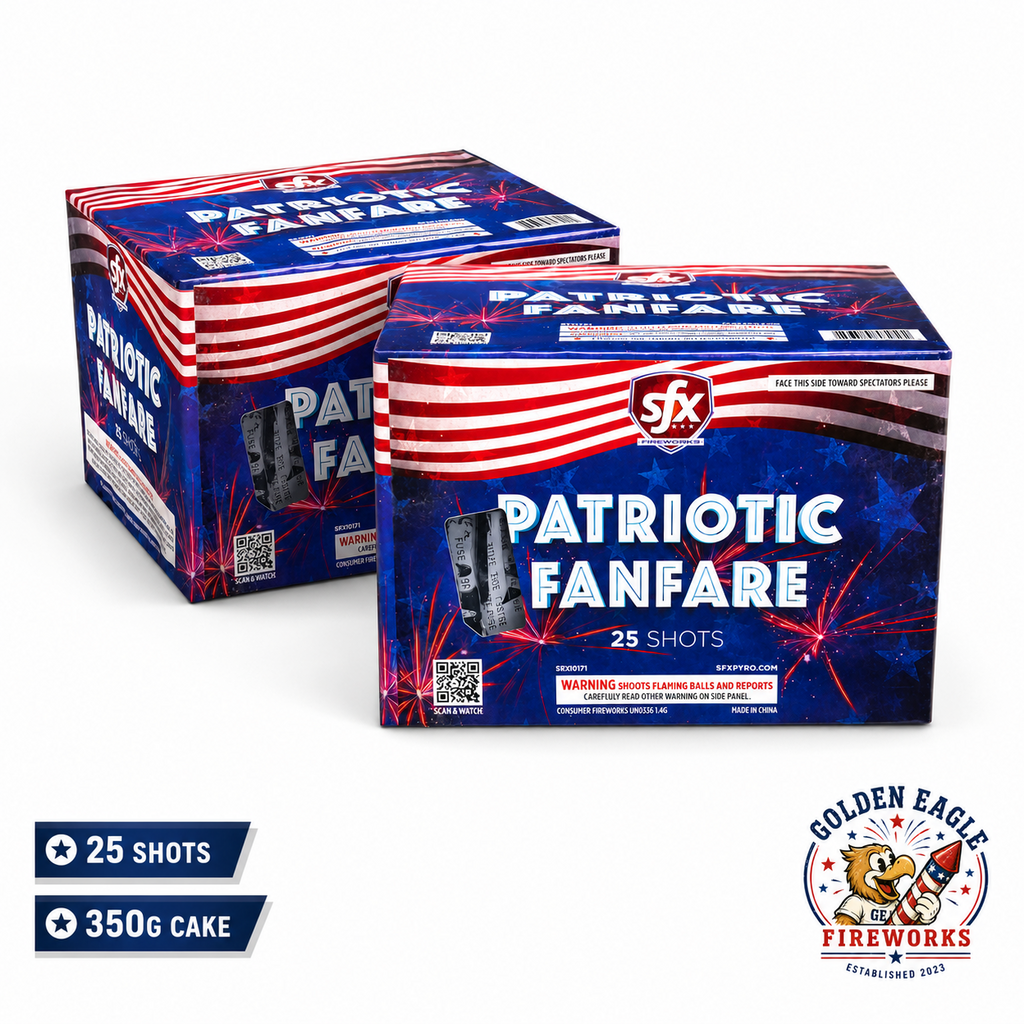 Two units of Golden Eagle Fireworks SFX Patriotic Fanfare 25-shot 350g performance cake, consumer fireworks UN0336 1.4G Houston TX