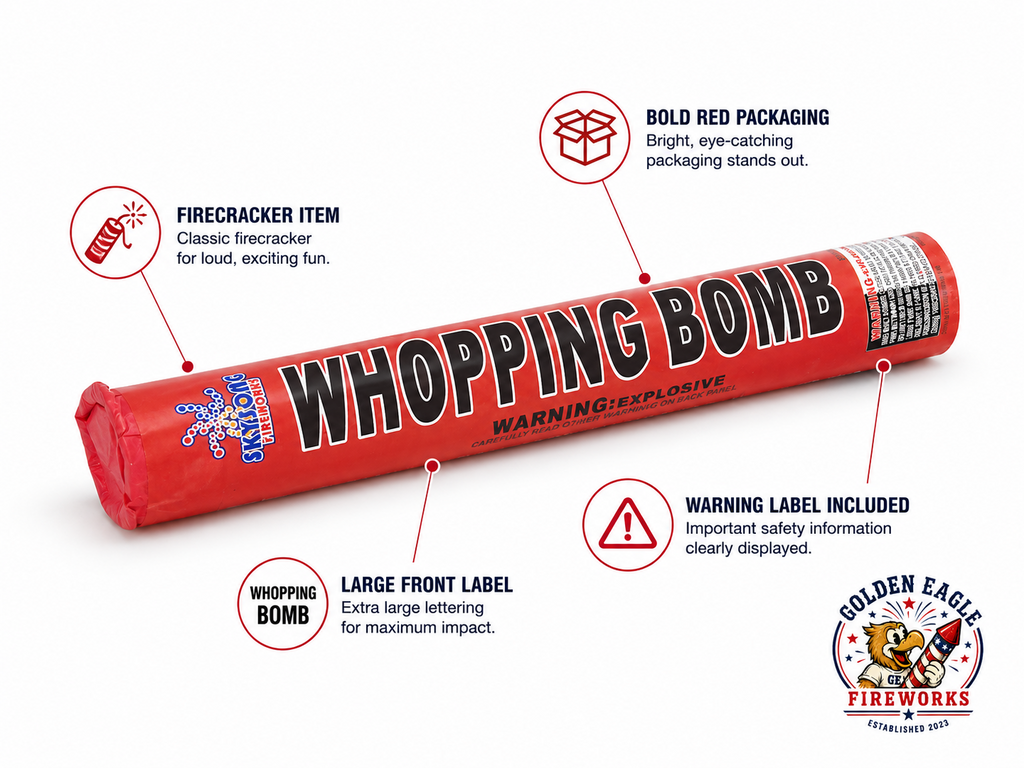 Whopping Bomb firecracker highlighting bold packaging, classic firecracker performance, and consumer fireworks from Golden Eagle Fireworks.