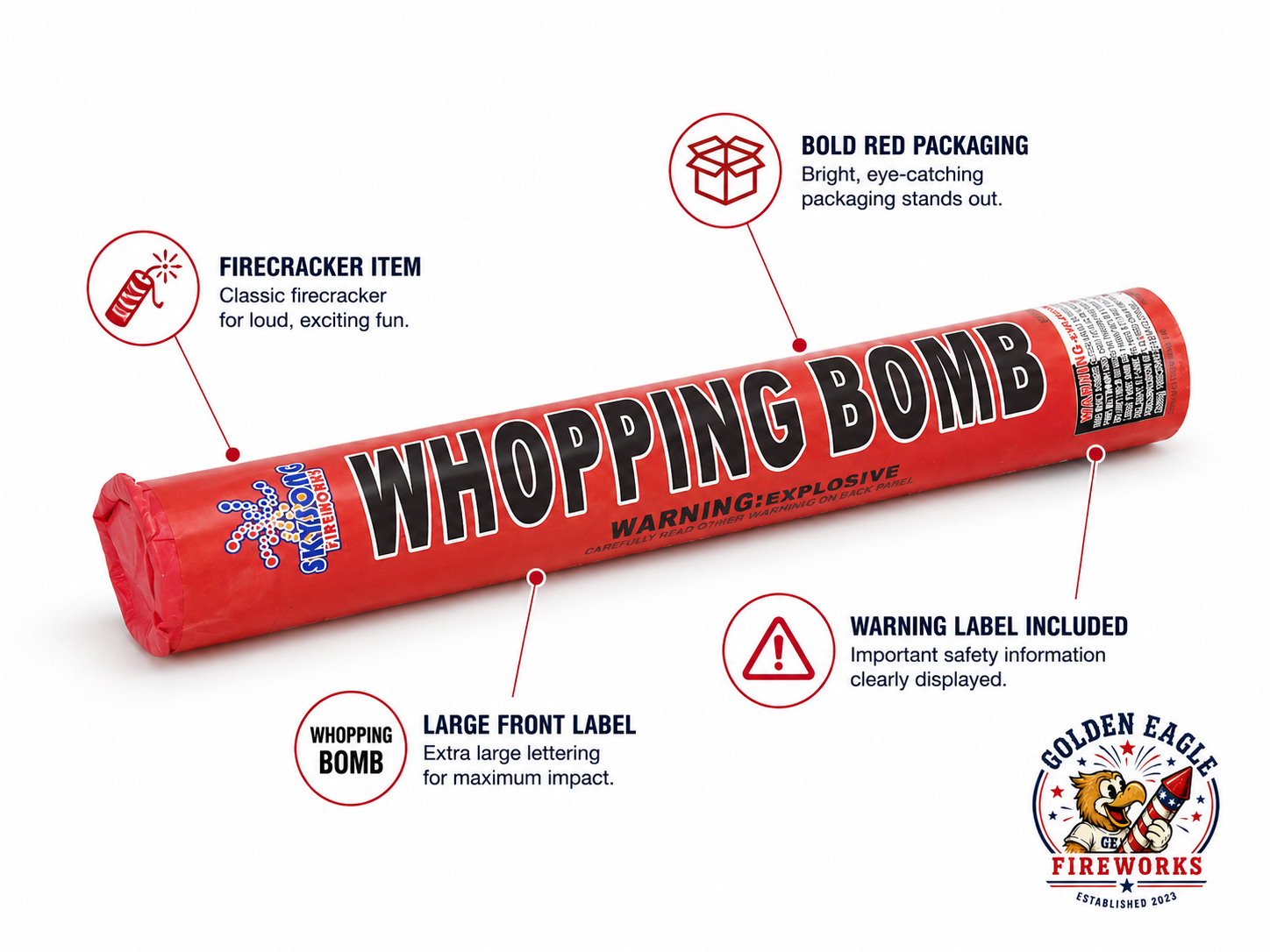 Whopping Bomb firecracker highlighting bold packaging, classic firecracker performance, and consumer fireworks from Golden Eagle Fireworks.