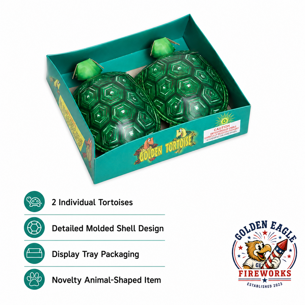 Golden Tortoise feature image showing 2 individual tortoise fireworks, detailed molded shell texture, novelty animal-shaped design, display tray packaging, and party fireworks from Golden Eagle Fireworks.