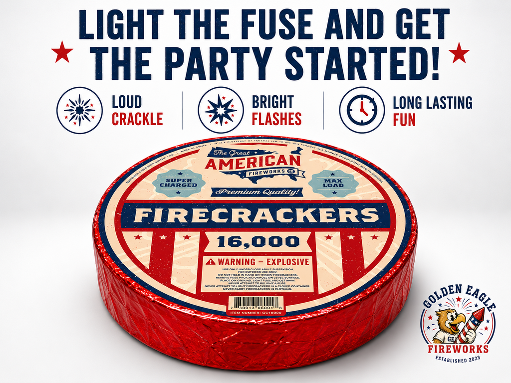 Golden Eagle Fireworks 16,000 Firecracker roll flat lay — loud crackle, bright flashes, long lasting fun, super charged max load consumer fireworks GC16000, Houston TX