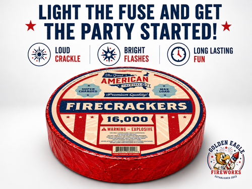 Golden Eagle Fireworks 16,000 Firecracker roll flat lay — loud crackle, bright flashes, long lasting fun, super charged max load consumer fireworks GC16000, Houston TX