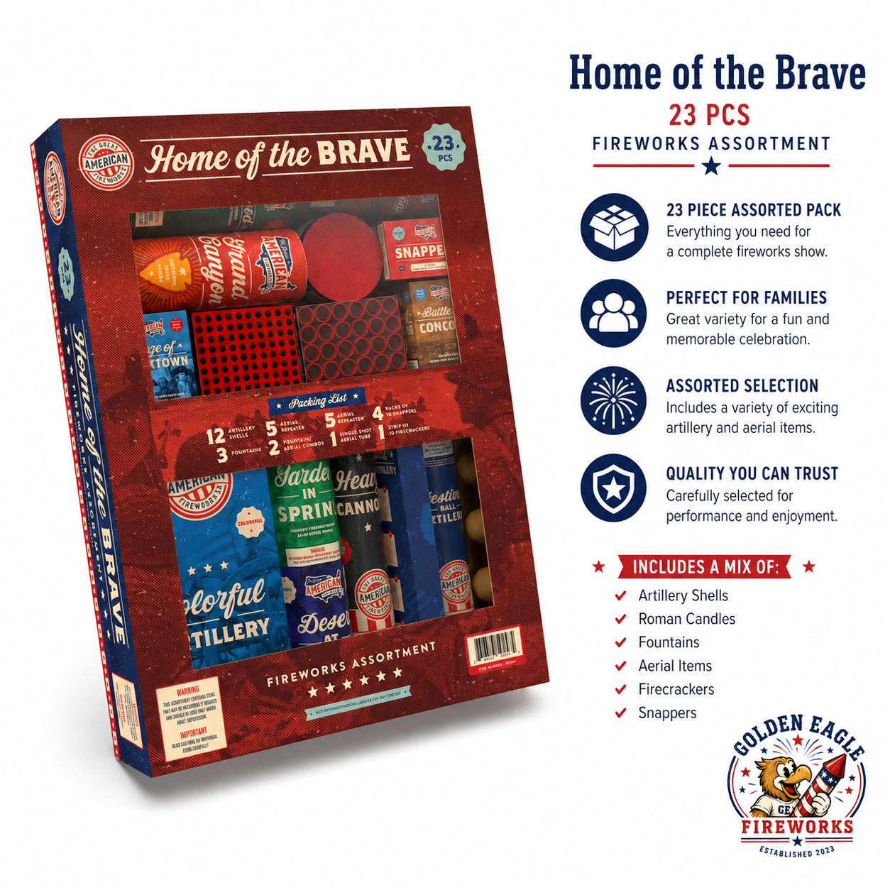 Home of the Brave fireworks assortment feature image showing 23 assorted pieces, patriotic family packaging, artillery shells, fountains, aerial items, firecrackers, snappers, and backyard fireworks from Golden Eagle Fireworks.