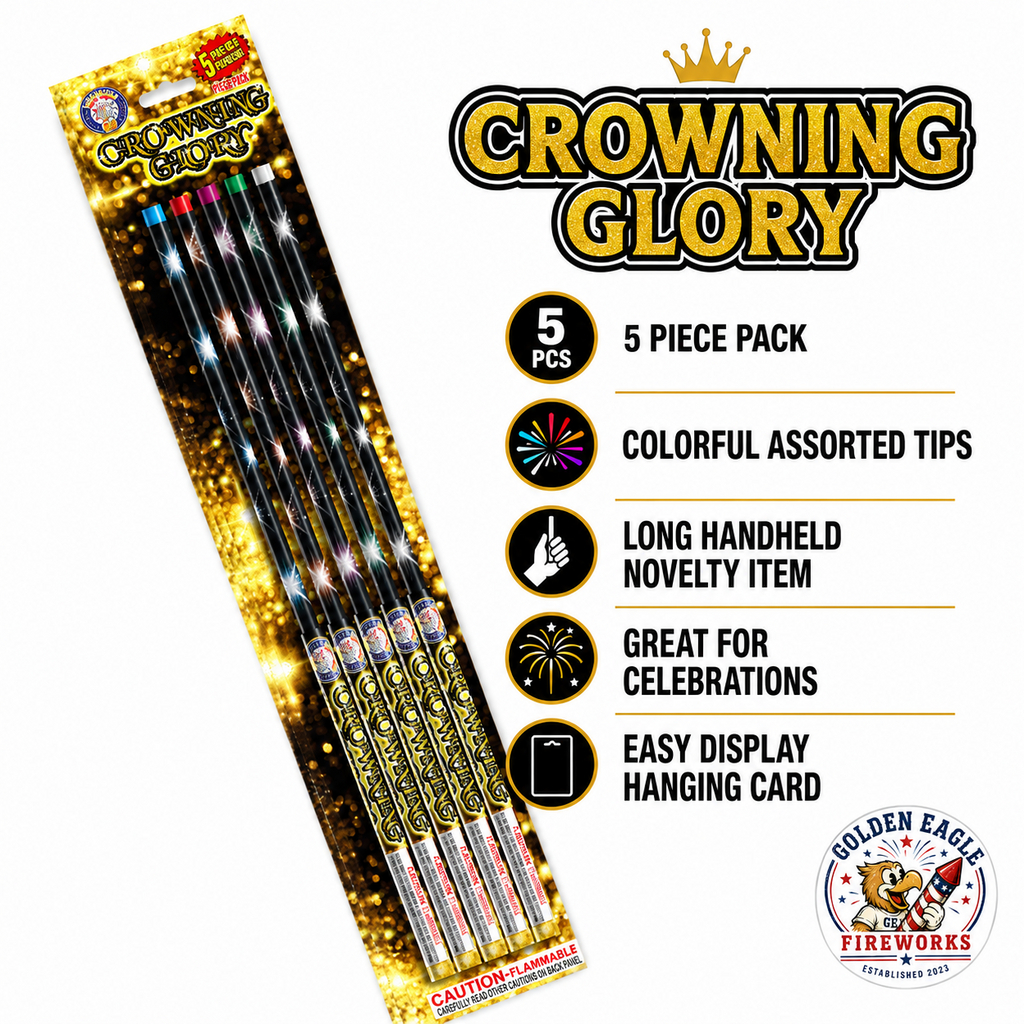 Crowning Glory 5 piece pack feature image showing colorful assorted tips, long handheld novelty design, easy display hanging card, and celebration fireworks from Golden Eagle Fireworks.