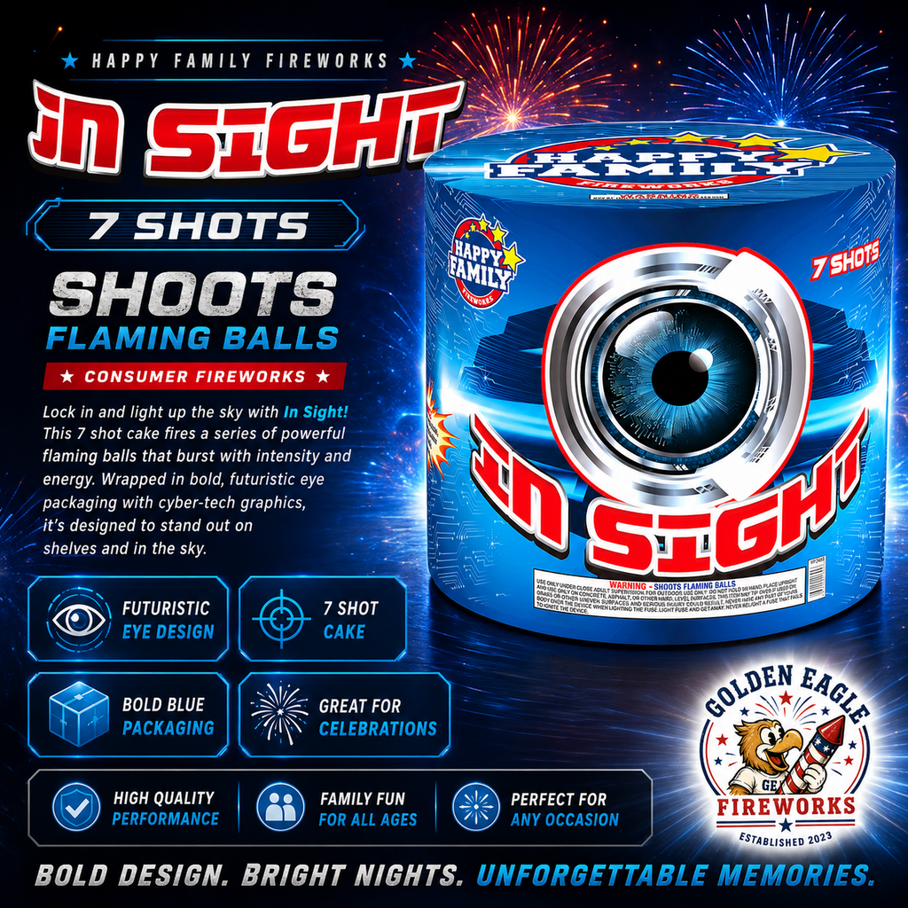 In Sight 7-shot aerial cake by Happy Family Fireworks — shoots flaming balls, futuristic eye design, available at Golden Eagle Fireworks