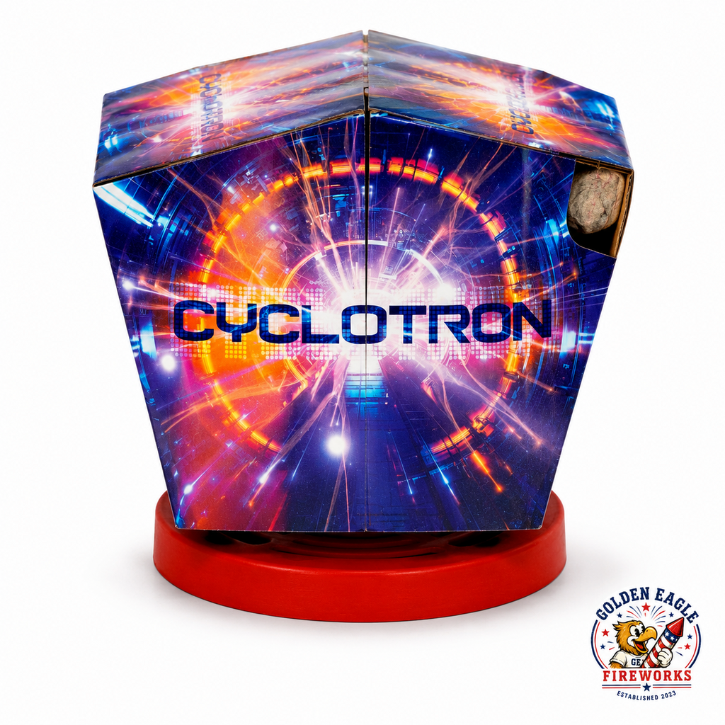 Cyclotron spinning ground fountain firework featuring futuristic energy-themed packaging, red stable base, easy-access fuse, and novelty ground firework design available at Golden Eagle Fireworks.