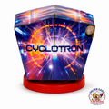 Cyclotron spinning ground fountain firework featuring futuristic energy-themed packaging, red stable base, easy-access fuse, and novelty ground firework design available at Golden Eagle Fireworks.