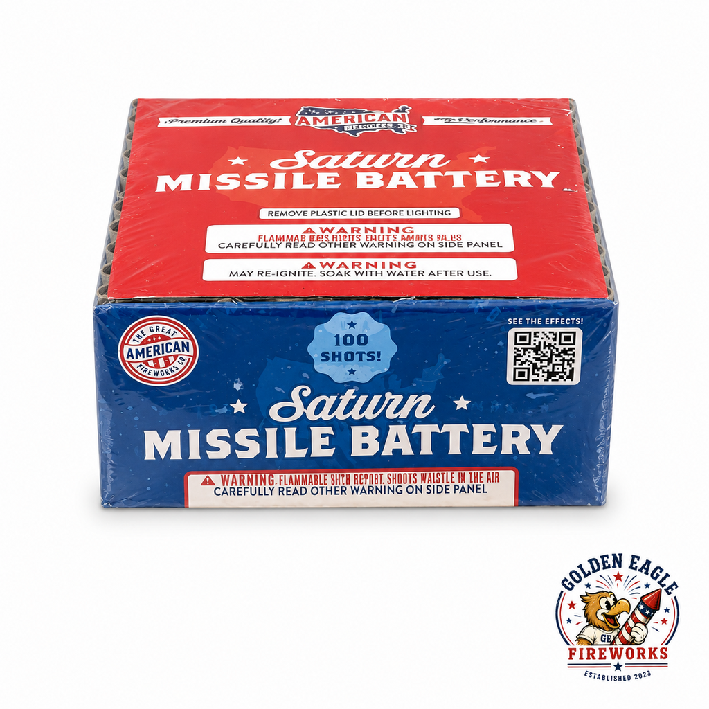 Golden Eagle Fireworks Saturn Missile Battery 100-shot classic missile battery by The Great American Fireworks Co., flammable with report shoots whistle in the air, Houston TX