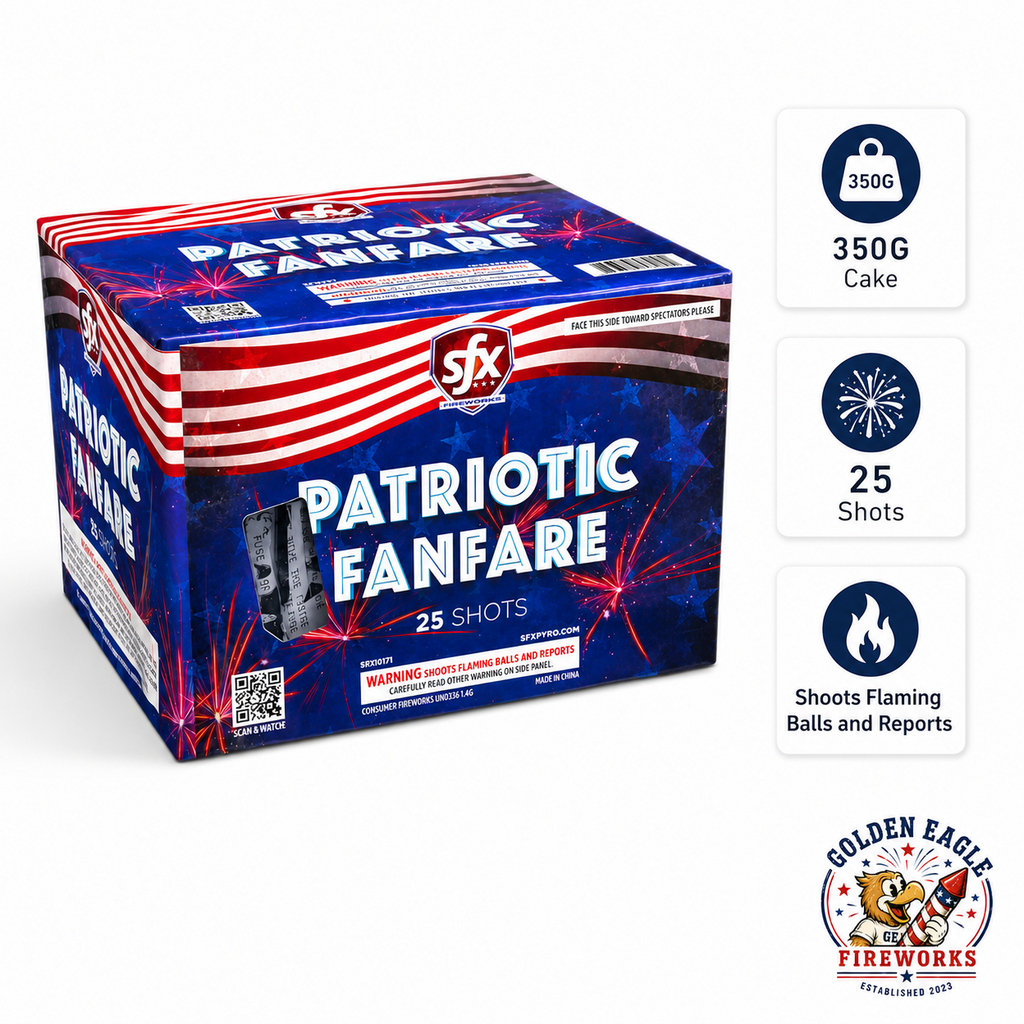 Golden Eagle Fireworks SFX Patriotic Fanfare 350g cake angled view — 25 shots, flaming balls and reports, high-impact aerial consumer firework Houston TX