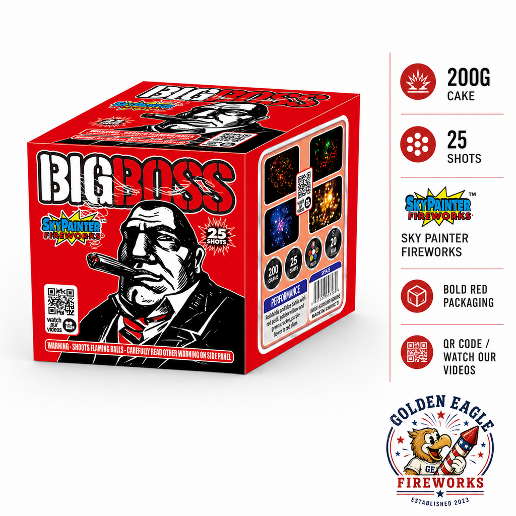 Golden Eagle Fireworks Big Boss 200g cake angled view showing side panel effects grid — 25 shots, 20mm, red dahlia blue dahlia gold willow green cracker purple flower to red plum, Sky Painter Fireworks SP5425, Houston TX