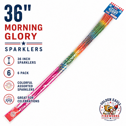 Morning Glory Sparklers 36 inch 6 pack feature image showing extra-long sparklers, colorful assorted stems, easy display packaging, and celebration fireworks from Golden Eagle Fireworks.