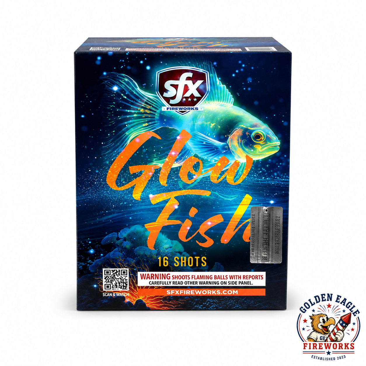 Golden Eagle Fireworks SFX Glow Fish 200g fireworks cake, 16 shots shoots flaming balls with reports, aquatic ocean glow artwork by SFX Fireworks, Houston TX