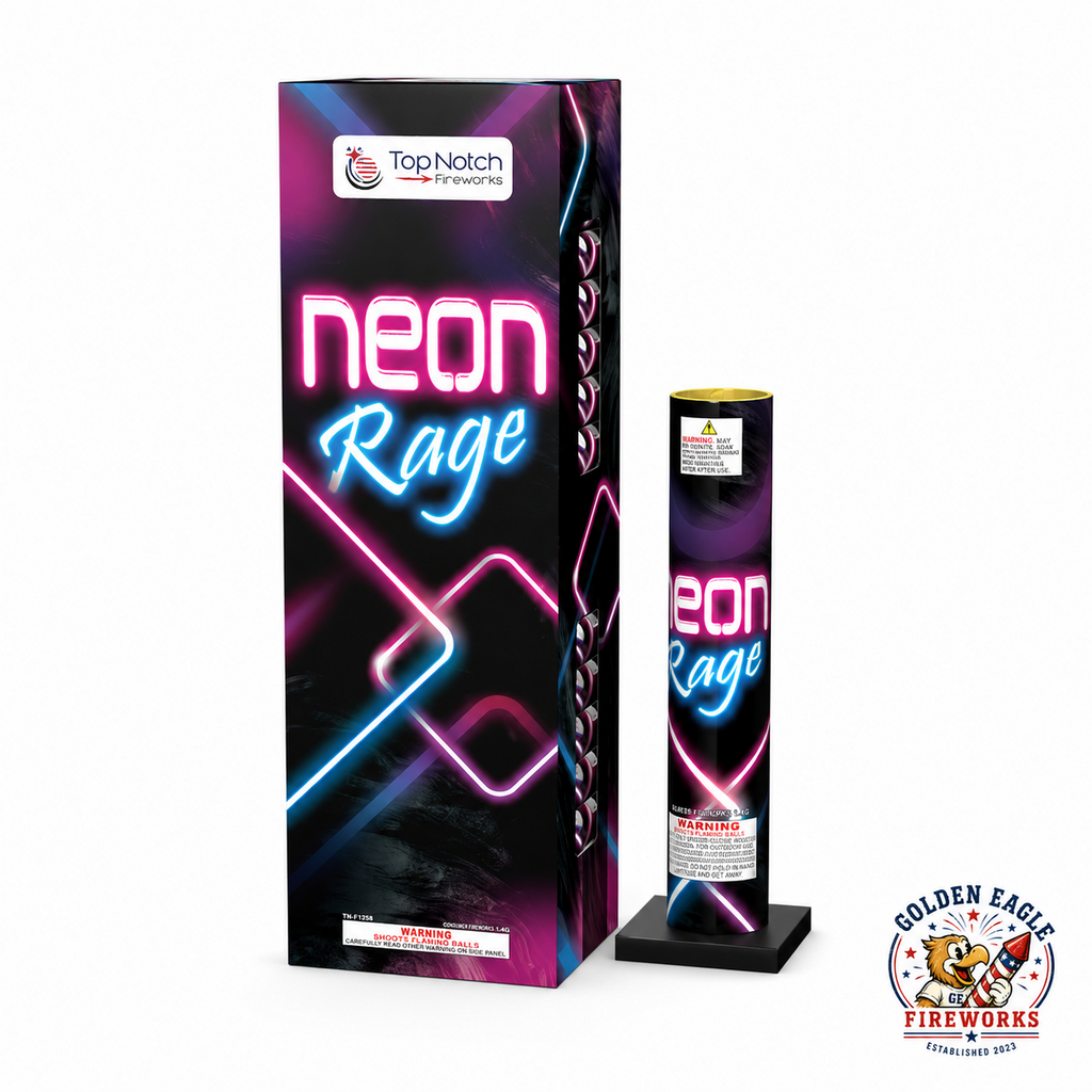 Neon Rage featuring vibrant neon-themed packaging, launch tube included, and premium consumer fireworks.