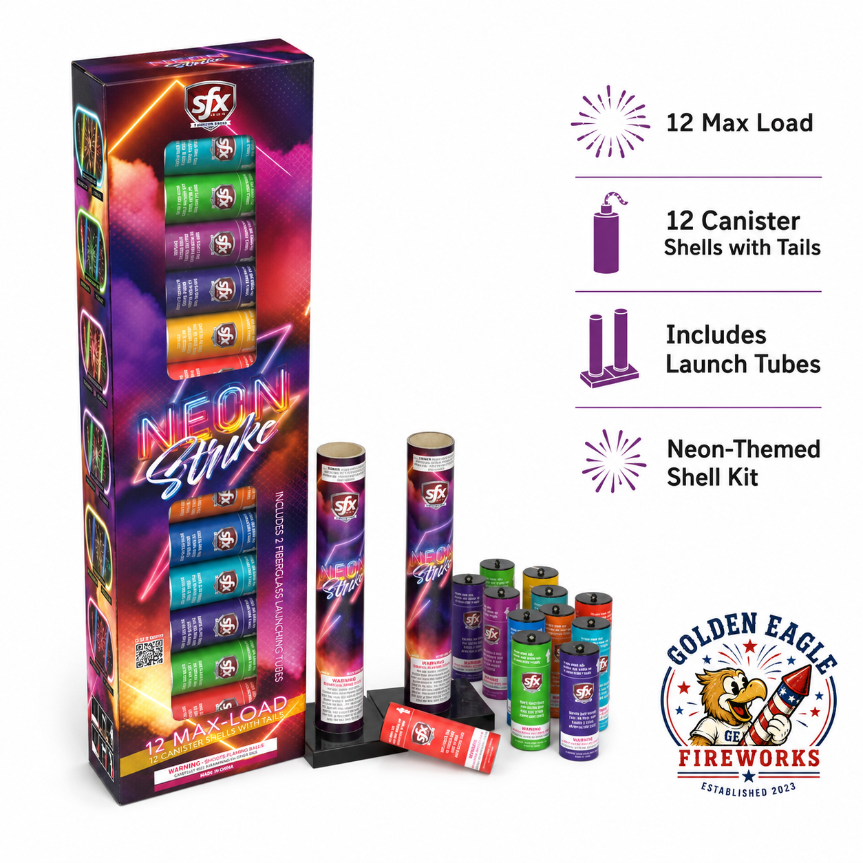 Neon Strike reloadable canister shell kit with 12 max load shells, fiberglass launch tubes, colorful shell assortment, and neon-themed consumer fireworks packaging.