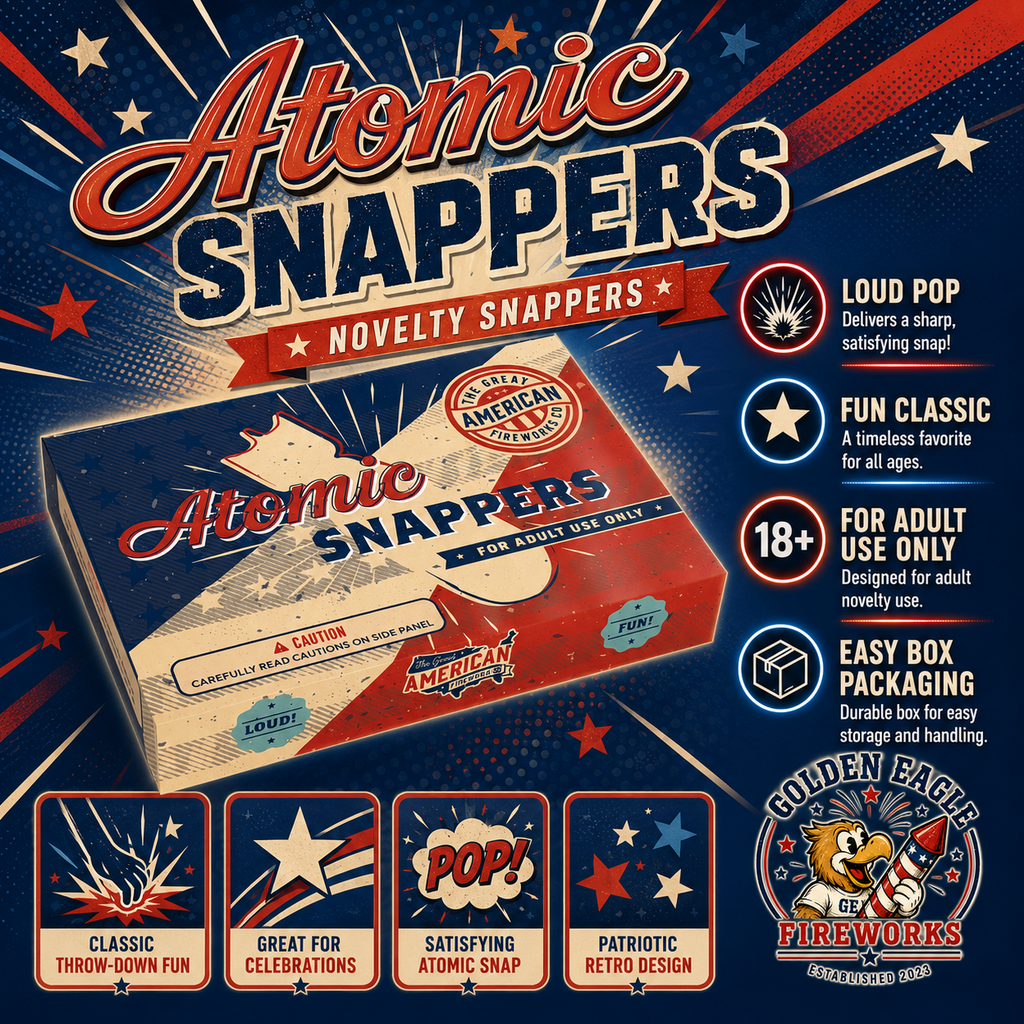 Atomic Snappers novelty fireworks infographic featuring loud pop effect, classic throw-down fun, patriotic retro design, easy box packaging, and adult-use novelty fireworks from Golden Eagle Fireworks.