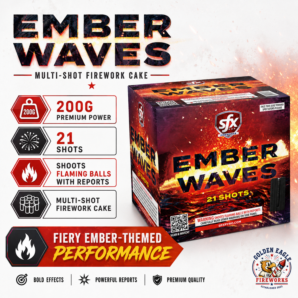 Golden Eagle Fireworks SFX Ember Waves 200g multi-shot fireworks cake, 21 shots flaming balls with reports, fiery ember-themed bold effects premium quality, Houston TX
