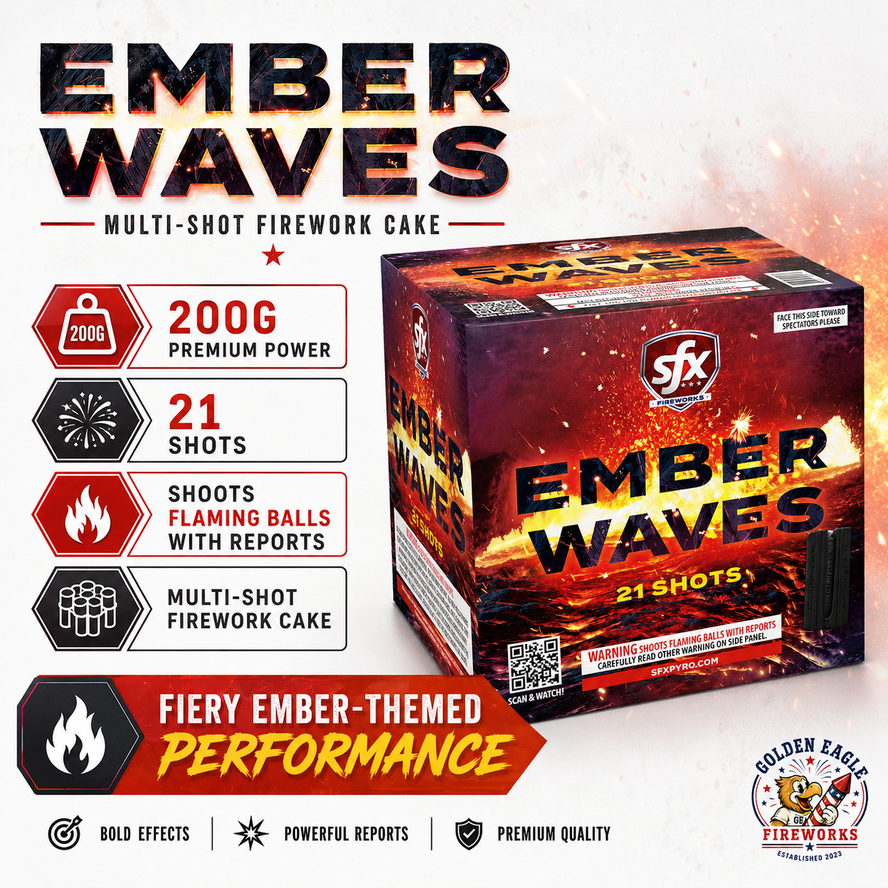 Golden Eagle Fireworks SFX Ember Waves 200g multi-shot fireworks cake, 21 shots flaming balls with reports, fiery ember-themed bold effects premium quality, Houston TX