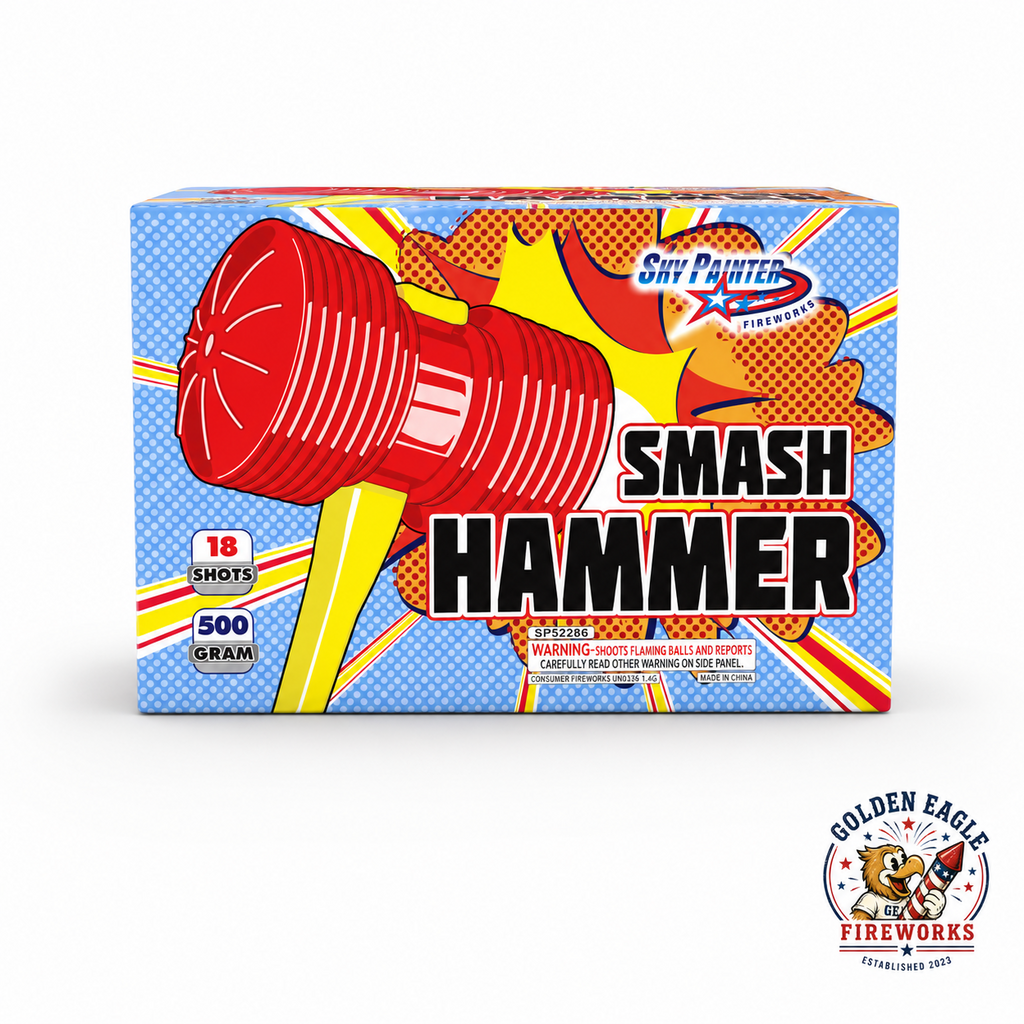 Smash Hammer 500 gram consumer fireworks cake by Sky Painter — bold comic-style packaging, 18 shots, sold at Golden Eagle Fireworks