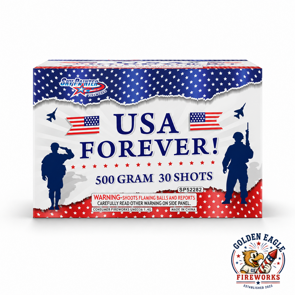 USA Forever 500 gram consumer fireworks cake by Sky Painter — 30 shots, bold patriotic soldier design, available at Golden Eagle Fireworks