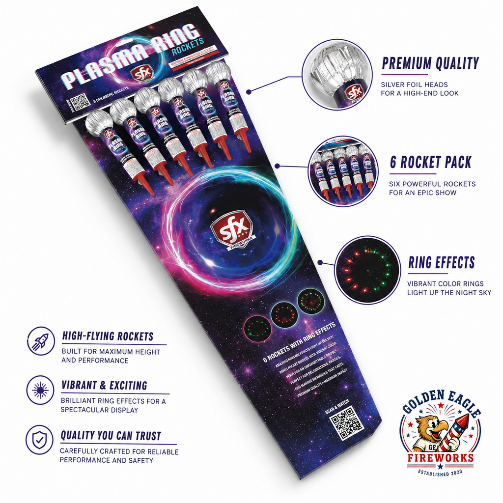 Golden Eagle Fireworks SFX Plasma Ring Rockets 6-pack detail view — silver foil heads premium quality, vibrant color ring effects light up night sky, high-flying rockets reliable performance, Houston TX