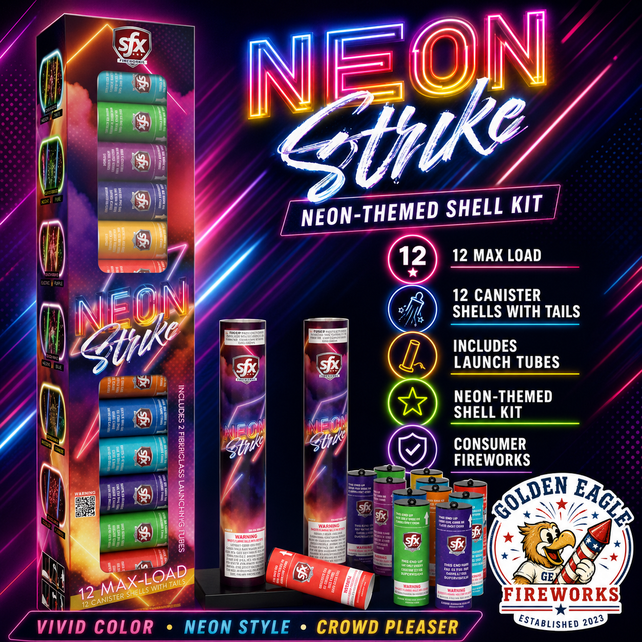 Neon Strike premium canister shell kit featuring 12 max load shells with tails, fiberglass launch tubes, vibrant neon packaging, and high-performance aerial effects.
