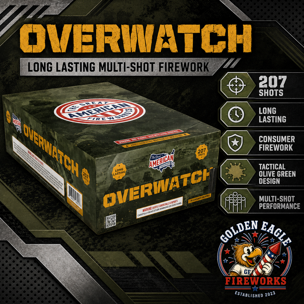 Overwatch long-lasting 207-shot consumer fireworks barrage from Golden Eagle Fireworks featuring tactical olive-green packaging and extended multi-shot performance.