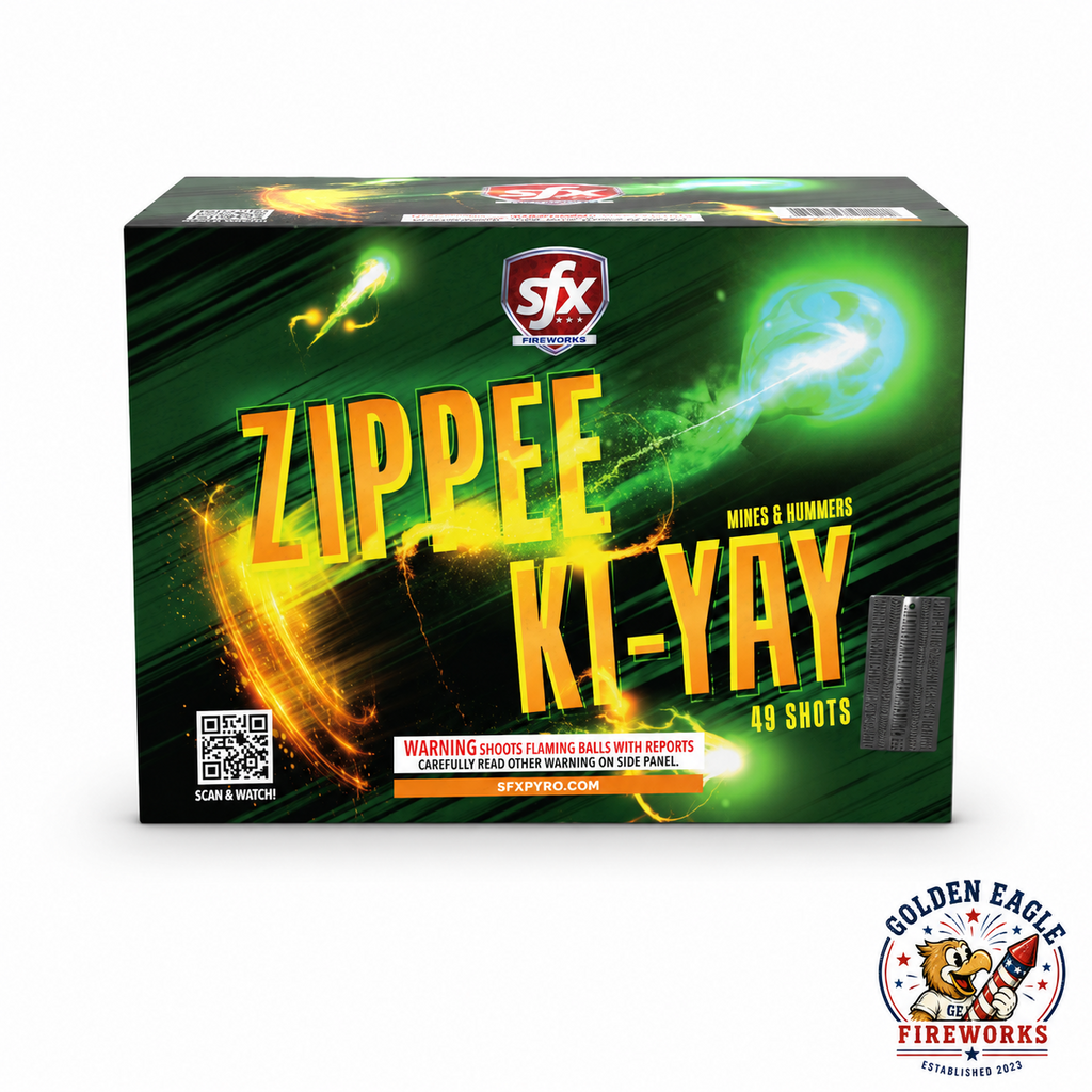 Golden Eagle Fireworks SFX Zippee Ki-Yay 200g fireworks cake front view, 49 shots mines and hummers shoots flaming balls with reports, bold green gold SFX Fireworks design, Houston TX