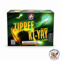Golden Eagle Fireworks SFX Zippee Ki-Yay 200g fireworks cake front view, 49 shots mines and hummers shoots flaming balls with reports, bold green gold SFX Fireworks design, Houston TX