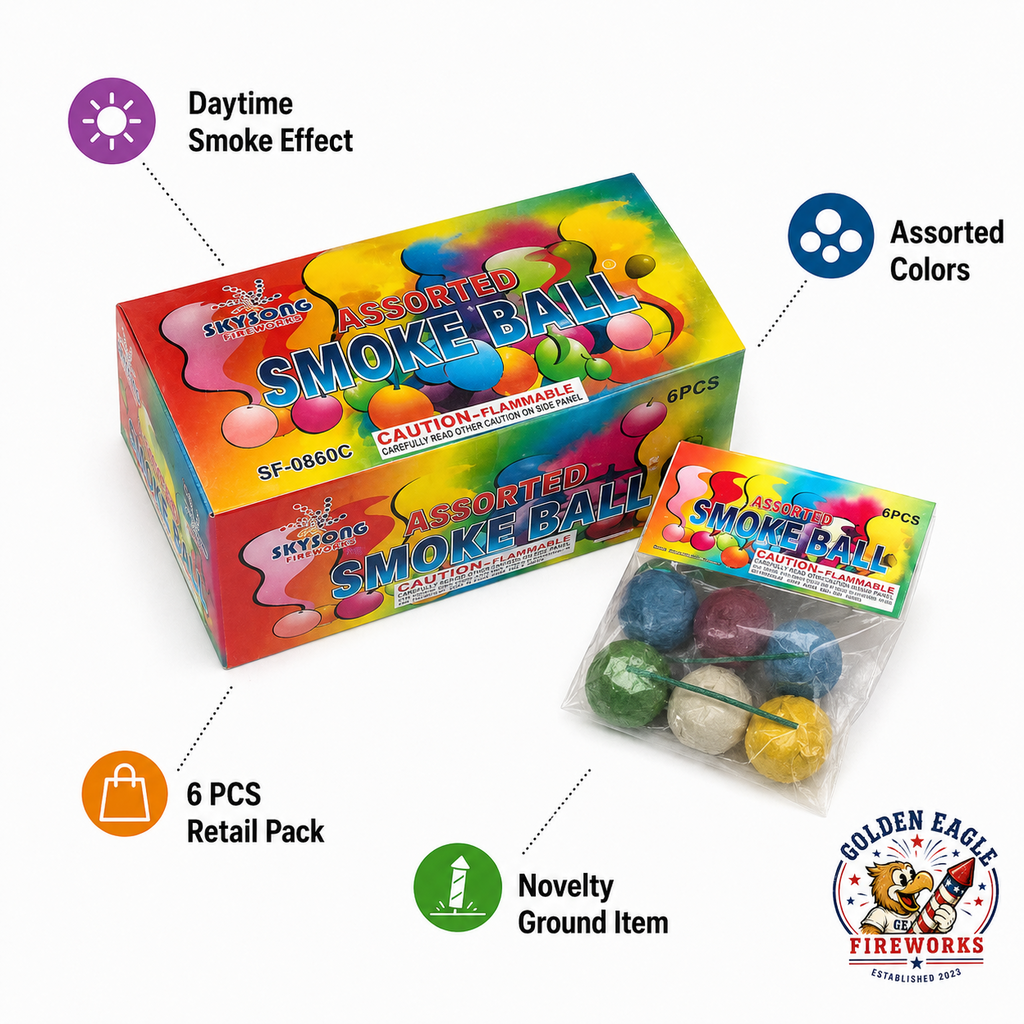 Assorted Smoke Ball fireworks infographic featuring 6 pieces, bright assorted colors, colorful smoke effect, pocket-size novelty design, ground use, and daytime celebration fireworks from Golden Eagle Fireworks.