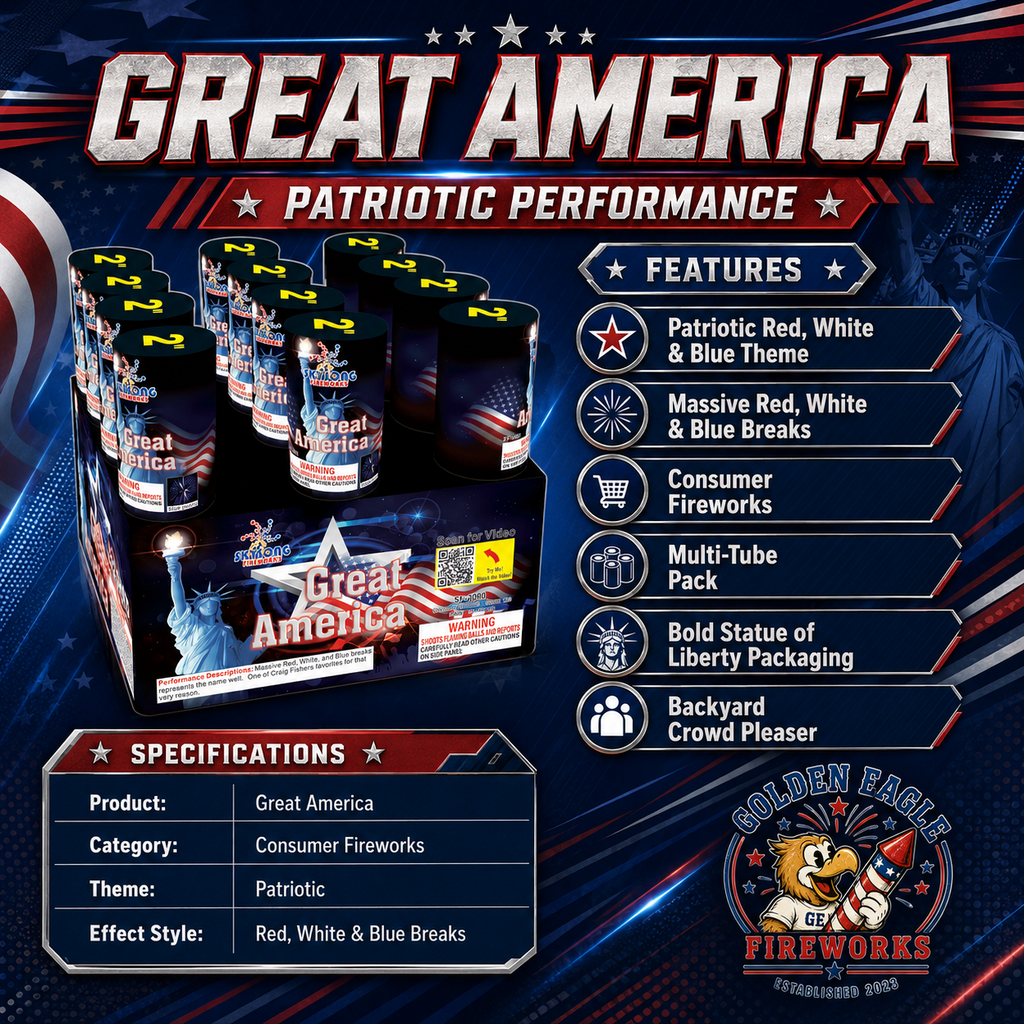 Great America patriotic fireworks performance pack featuring multiple tubes, Statue of Liberty artwork and vibrant red white and blue aerial effects