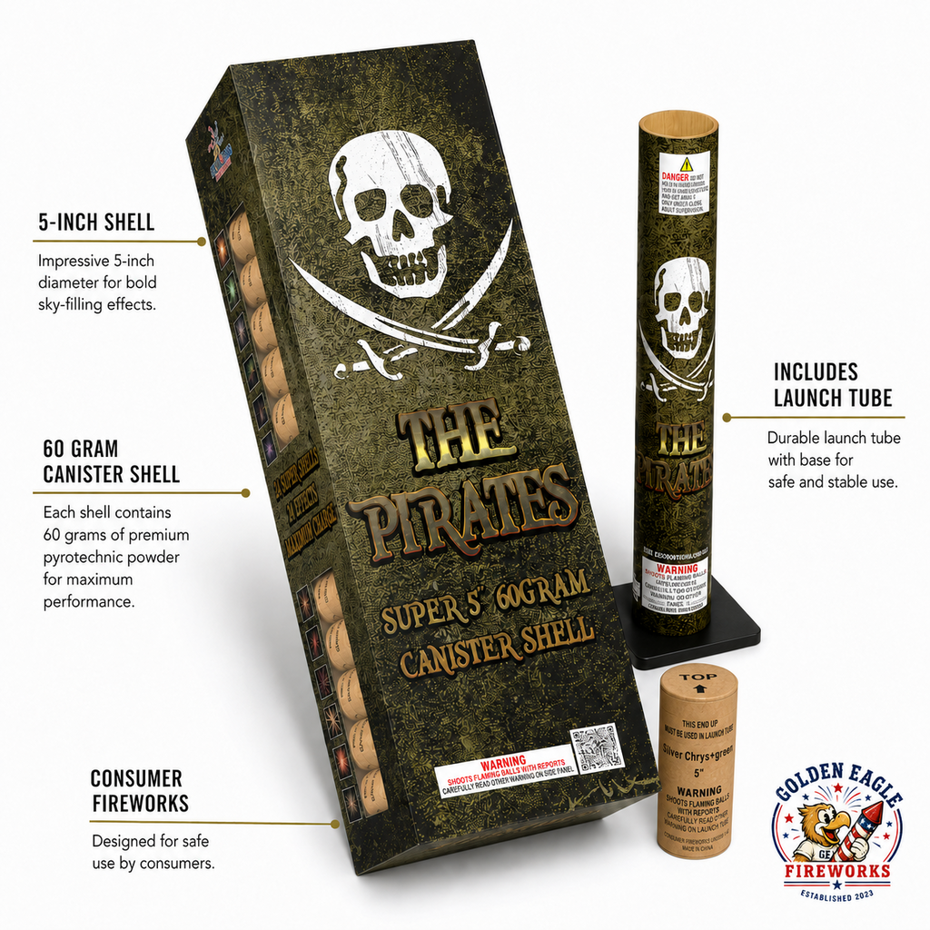The Pirates canister shell kit with 5-inch shells, 60 gram canister shells, included launch tube, and pirate-themed packaging.
