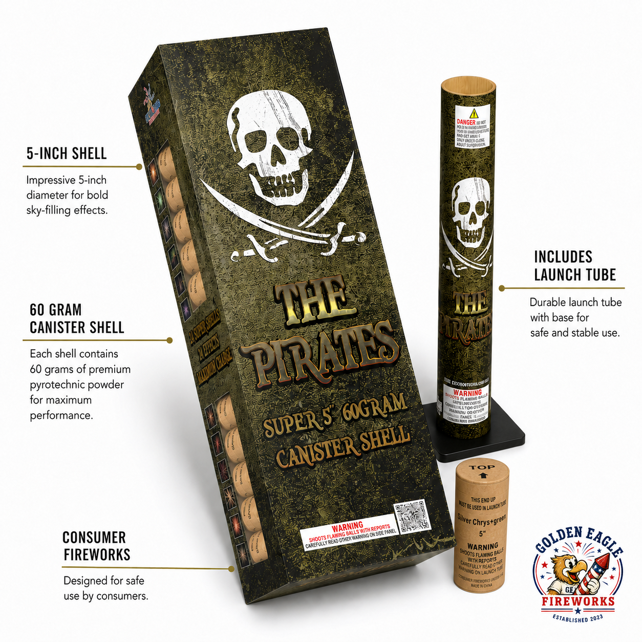 The Pirates canister shell kit with 5-inch shells, 60 gram canister shells, included launch tube, and pirate-themed packaging.