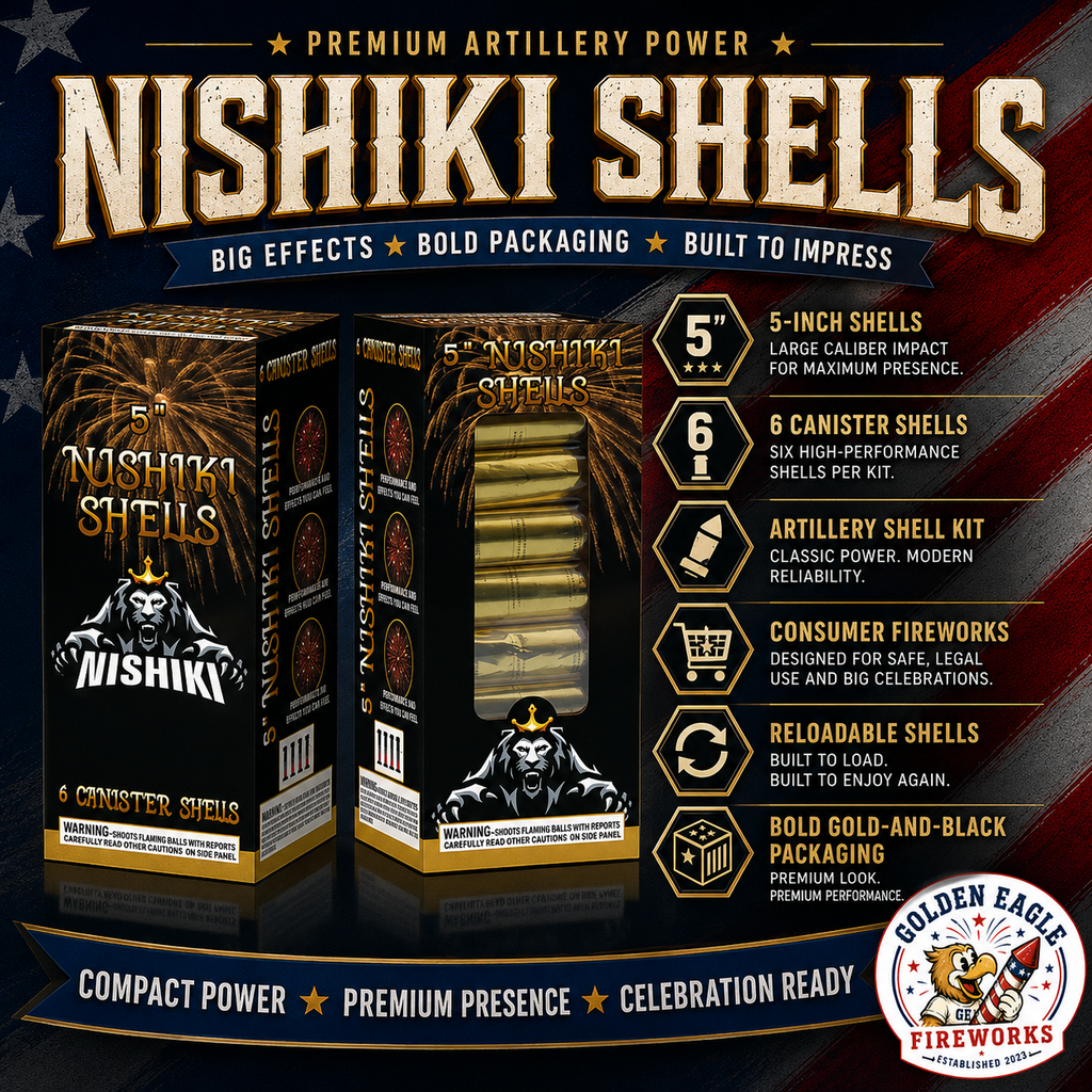 Nishiki Shells premium artillery shell kit with 6 canister shells, large 5-inch shells, bold gold and black packaging, and aerial fireworks performance.