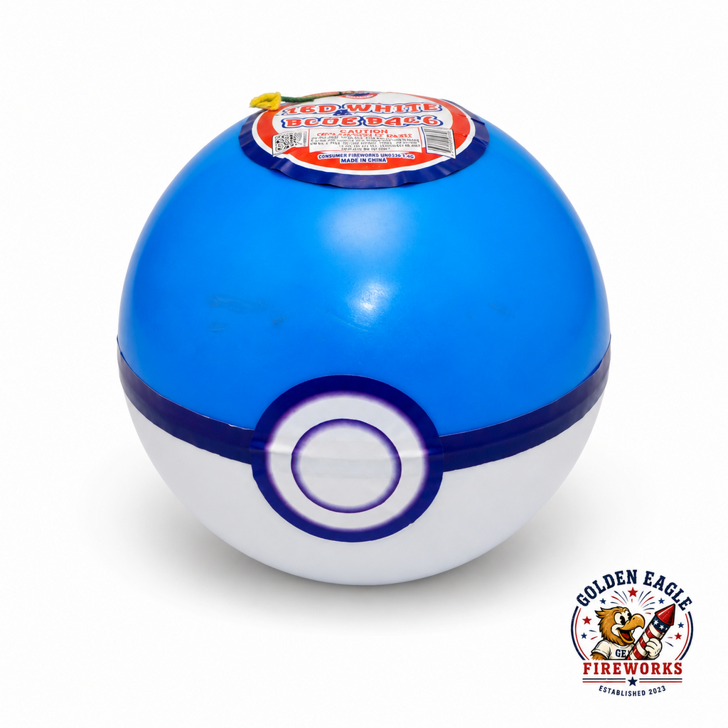Red White & Blue Ball spherical novelty firework featuring a blue and white ball-shaped shell, top fuse ignition, single piece design, and celebration-ready fireworks available at Golden Eagle Fireworks.