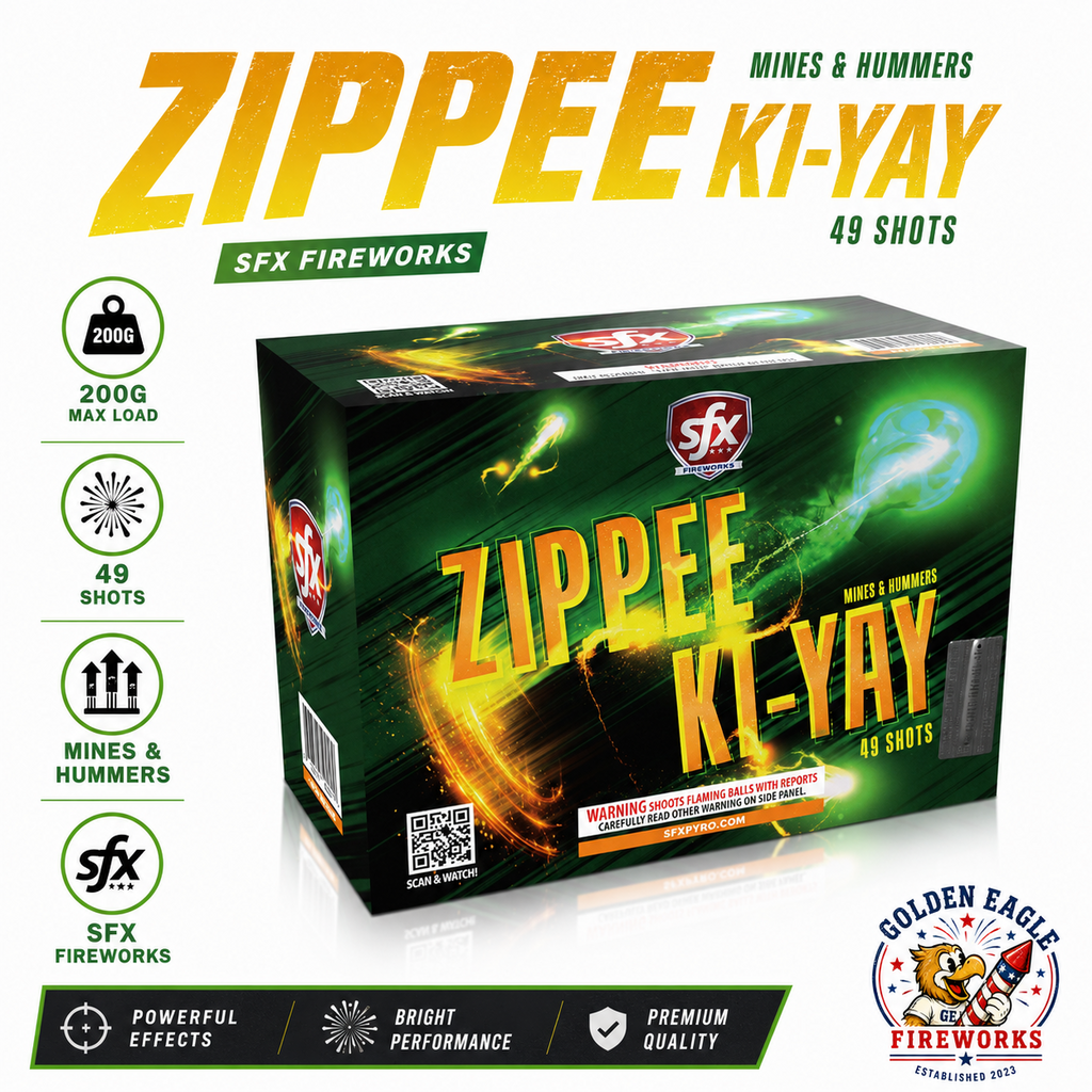 Golden Eagle Fireworks SFX Zippee Ki-Yay 200g maximum load fireworks cake angled view — 49 shots, mines and hummers, powerful effects bright performance, SFX Fireworks sfxpyro.com, Houston TX