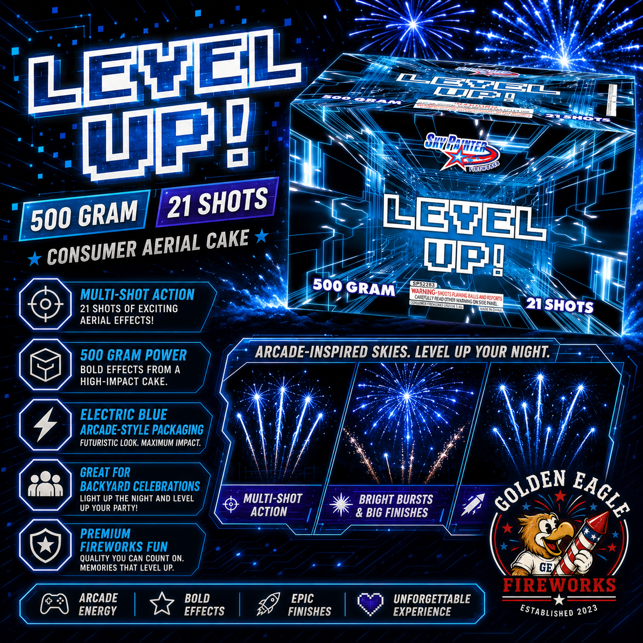 Level Up 500g 21-shot fireworks cake shoots flaming balls and reports — electric blue arcade-style packaging, sold at Golden Eagle Fireworks Houston TX