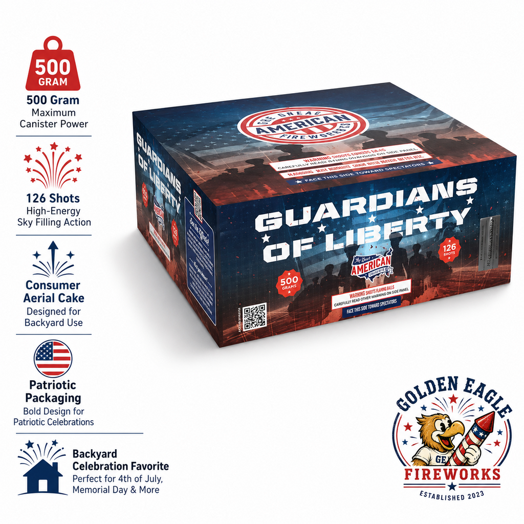 Guardians of Liberty 500g 126-shot consumer aerial cake — high-energy sky-filling action, patriotic design, sold at Golden Eagle Fireworks Houston TX