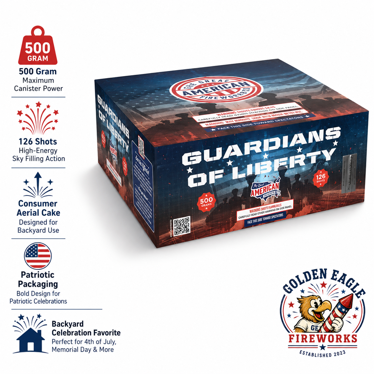 Guardians of Liberty 500g 126-shot consumer aerial cake — high-energy sky-filling action, patriotic design, sold at Golden Eagle Fireworks Houston TX