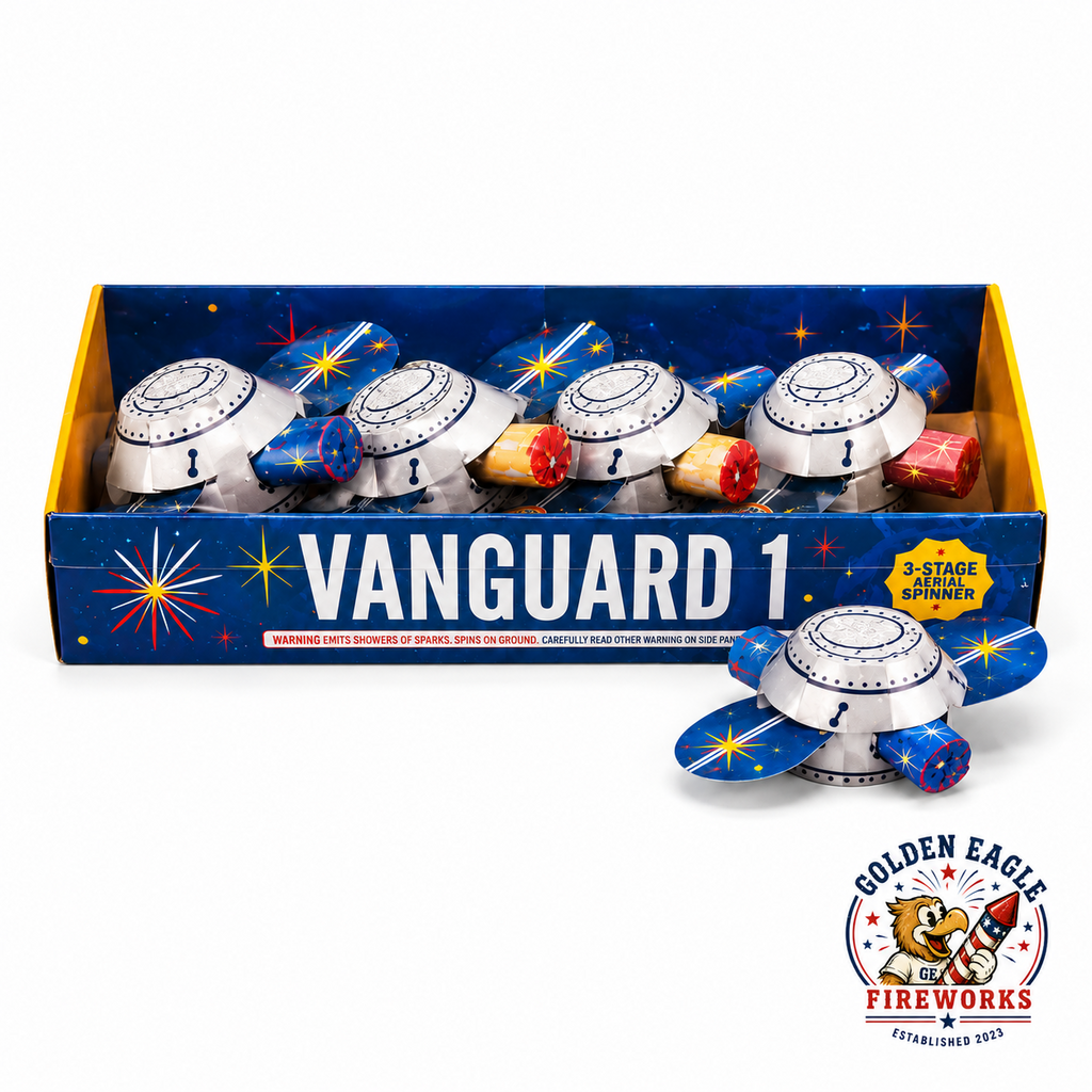 Vanguard 1 novelty spinner fireworks featuring UFO-style aerial spinners with 3-stage spinning action and premium consumer fireworks from Golden Eagle Fireworks.
