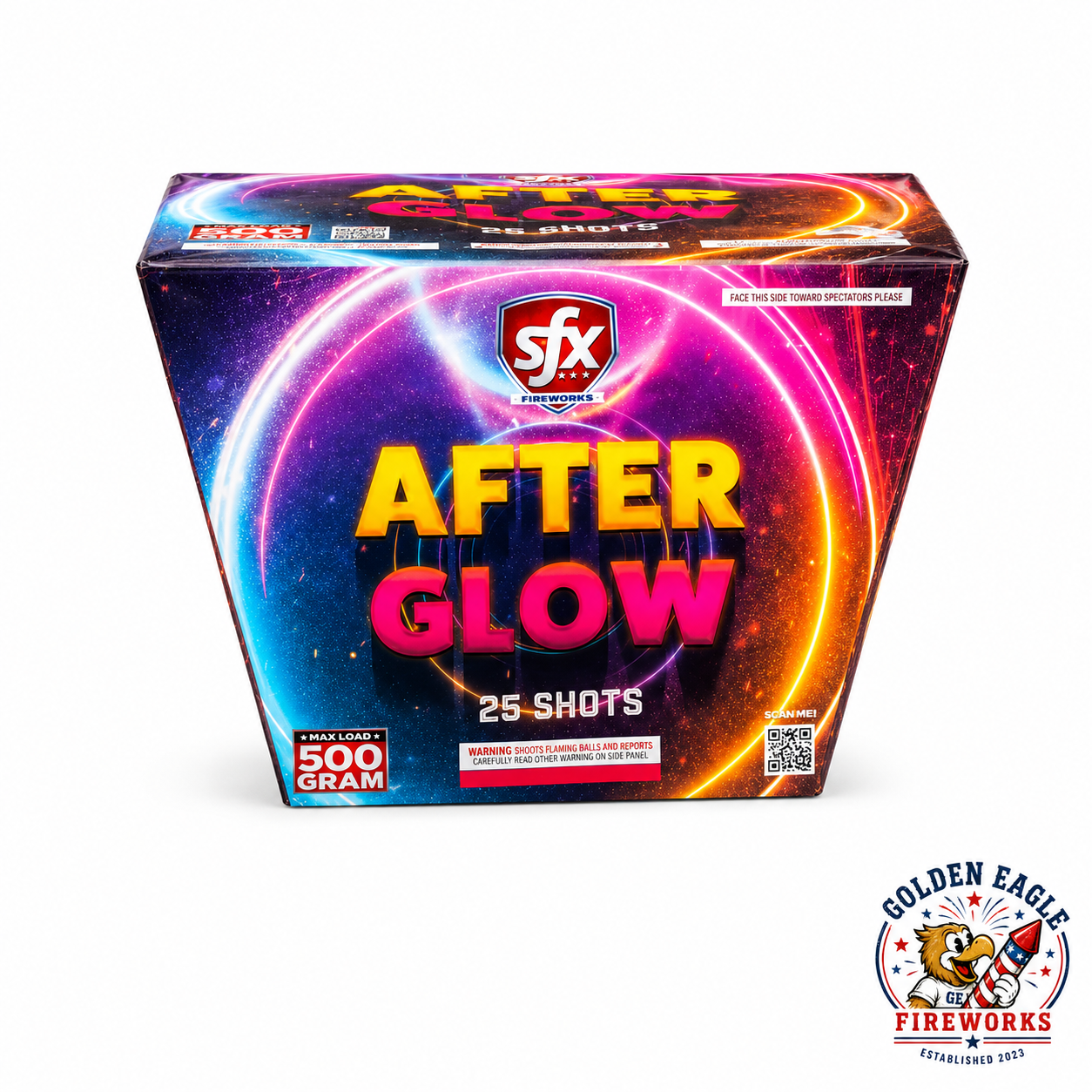 After Glow 500 gram aerial cake featuring 25 shots with vibrant neon-inspired packaging, available at Golden Eagle Fireworks in Humble Texas.