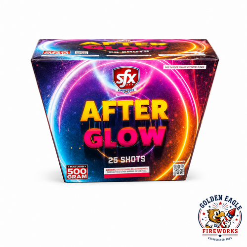 After Glow 500 gram aerial cake featuring 25 shots with vibrant neon-inspired packaging, available at Golden Eagle Fireworks in Humble Texas.