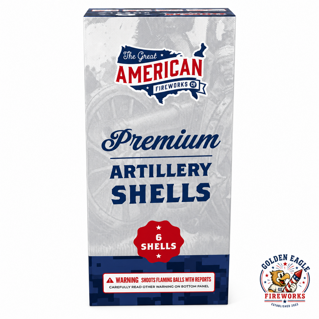 Premium Artillery Shells 6-shell fireworks kit by The Great American Fireworks Co featuring consumer artillery shells and patriotic packaging.