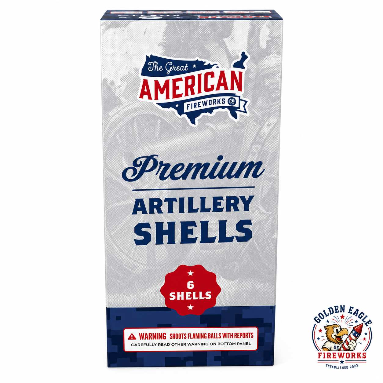 Premium Artillery Shells 6-shell fireworks kit by The Great American Fireworks Co featuring consumer artillery shells and patriotic packaging.