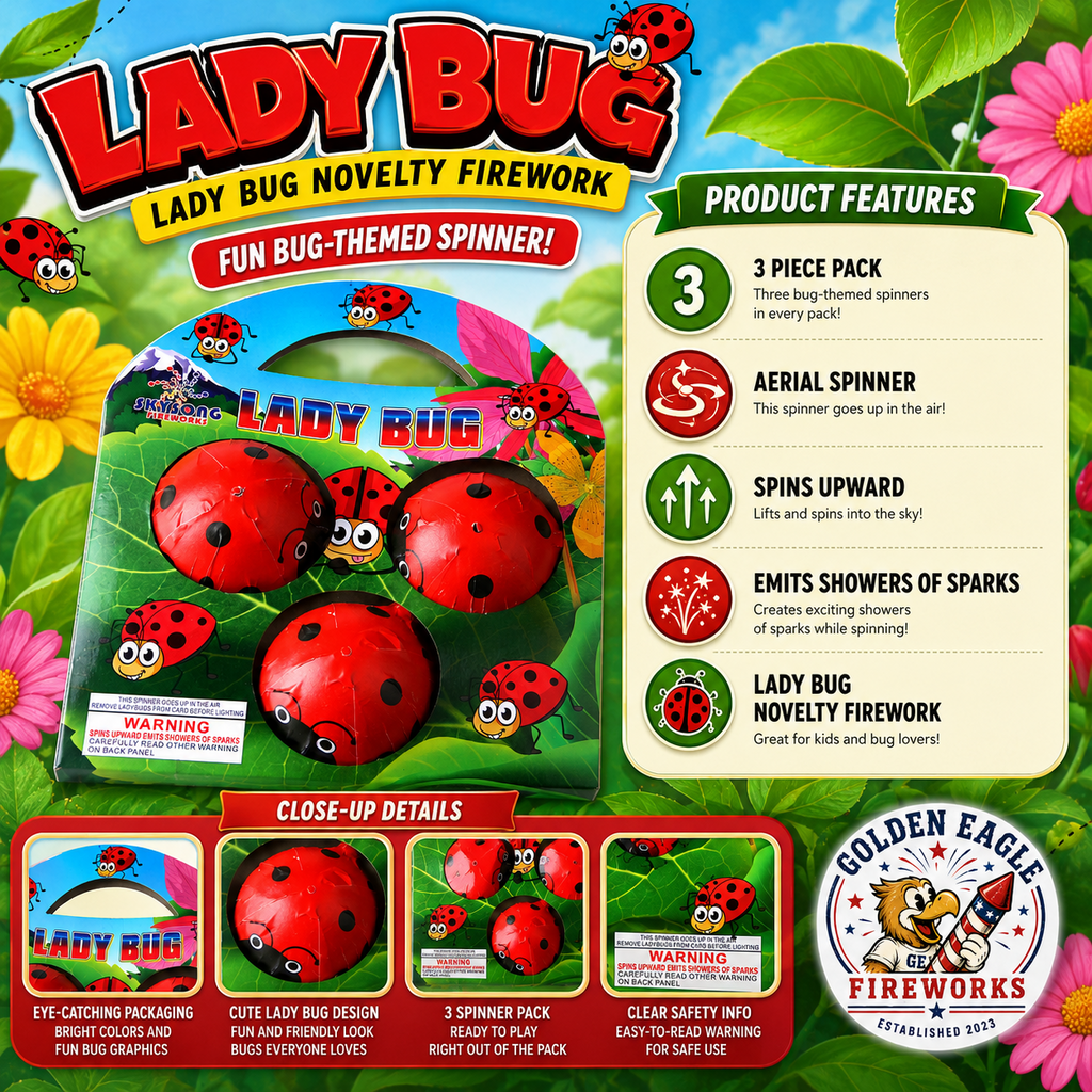 Lady Bug bug-themed novelty fireworks featuring three aerial spinners that spin upward with sparkling effects, available at Golden Eagle Fireworks in Humble, Texas.