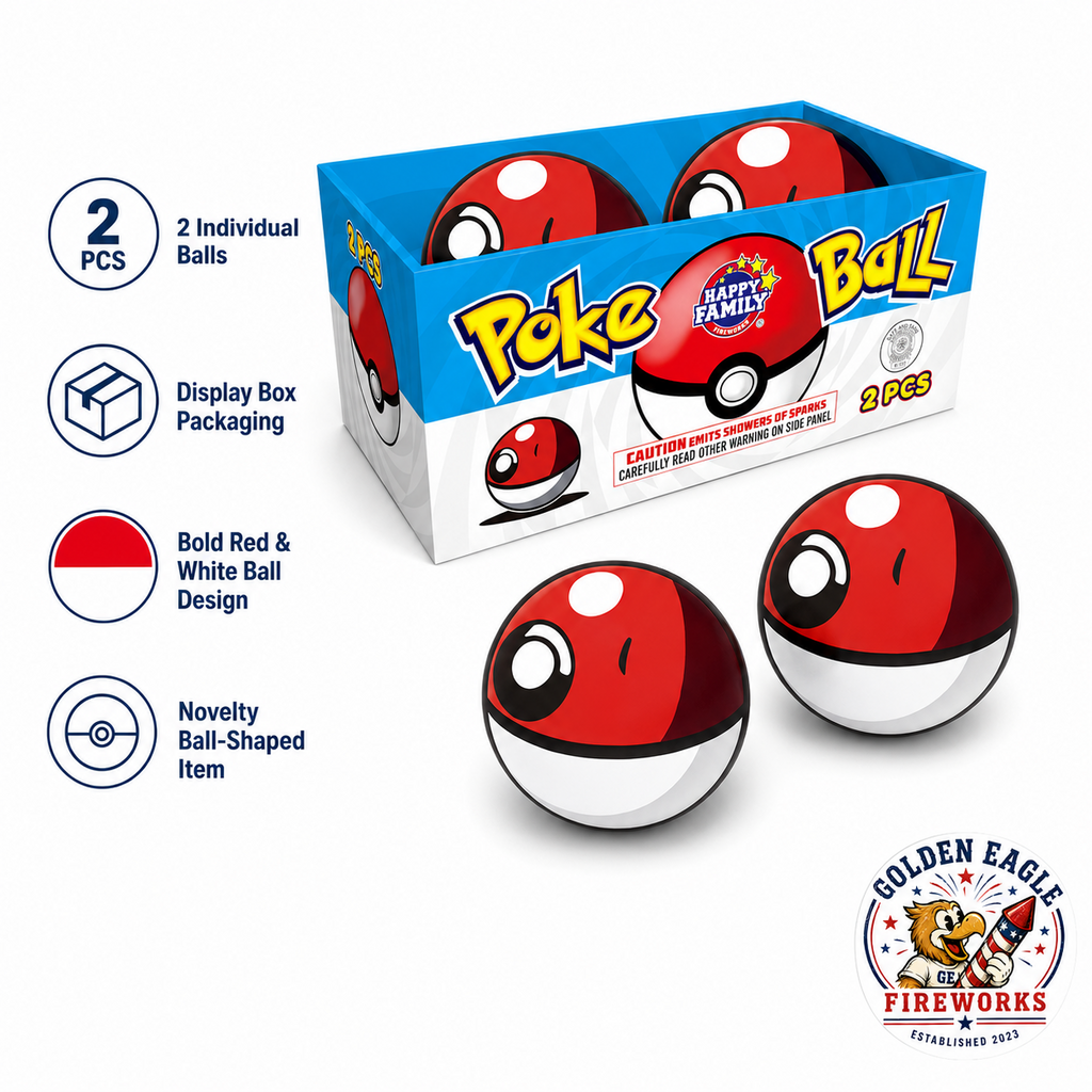 Poke Ball feature image showing two ball-shaped novelty fireworks in display packaging, bold red and white design, compact tray presentation, and individually sold party fireworks from Golden Eagle Fireworks.