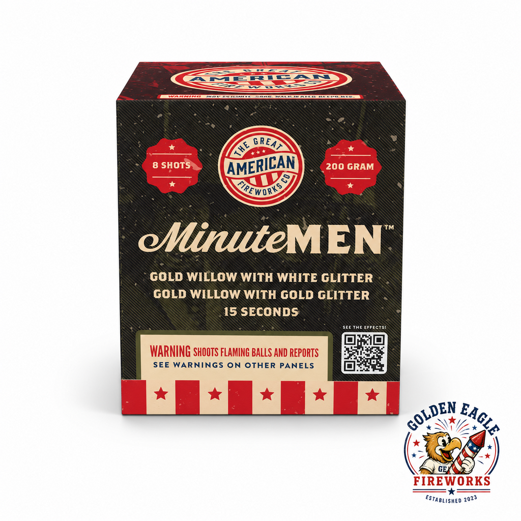 Golden Eagle Fireworks MinuteMen 200g aerial cake by The Great American Fireworks Co., 8 shots gold willow with white and gold glitter effects 15 seconds, Houston TX