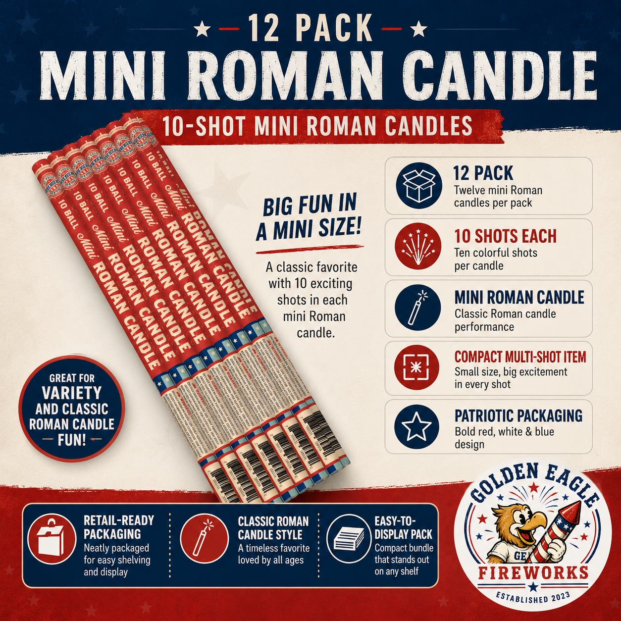 12-pack of 10-shot Mini Roman Candles featuring compact multi-shot performance from Golden Eagle Fireworks.